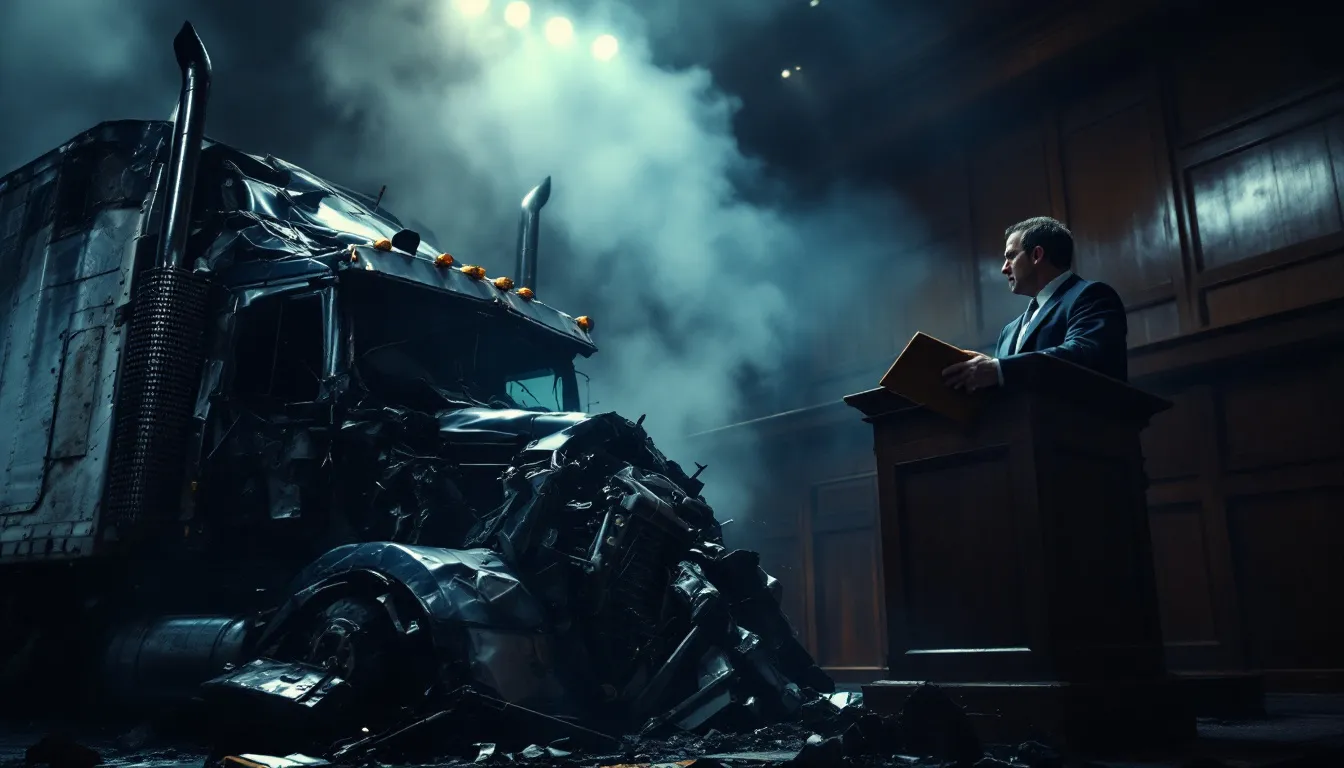 A blurred image depicting a courtroom scene related to a trucking accident case.