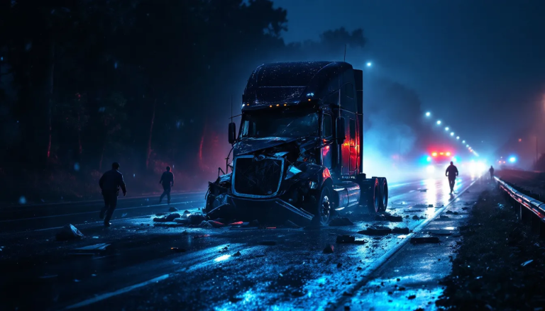 A blurred image of a truck accident scene, highlighting the need for a specialized truck accident lawyer.