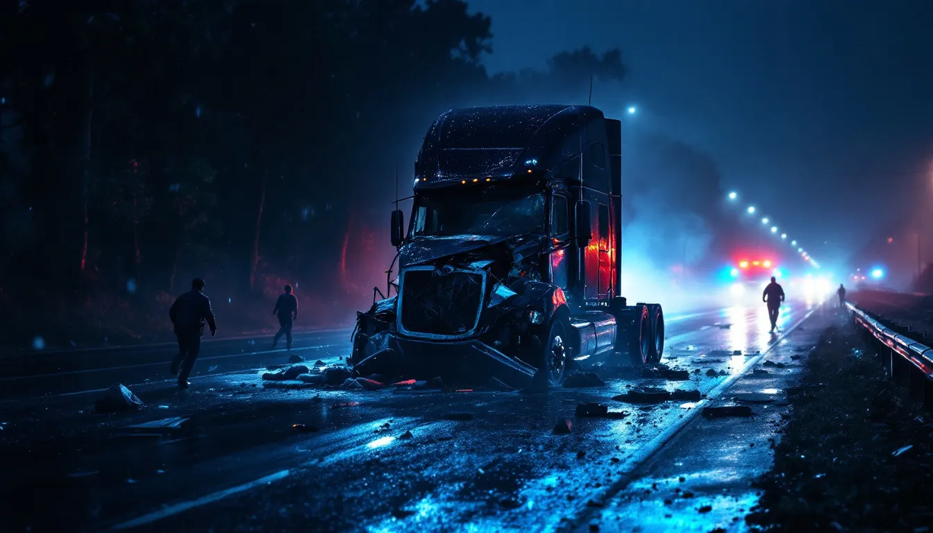 A blurred image of a truck accident scene, highlighting the need for a specialized truck accident lawyer.