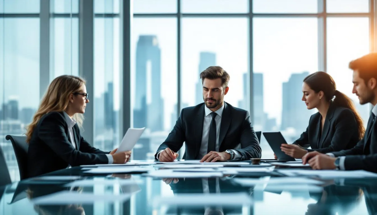 A lawyer reviewing case files and evidence with a team.