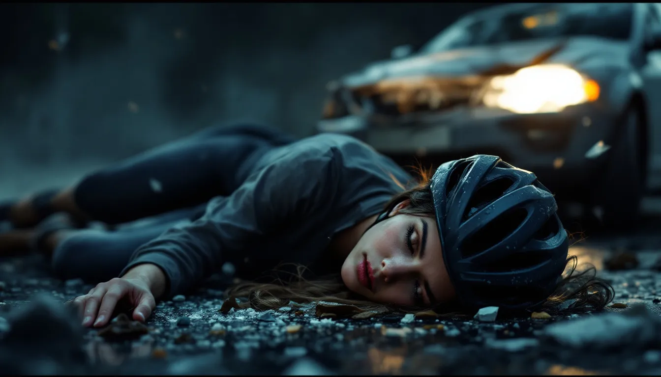 An illustration of a bicycle accident scene, depicting a cyclist and a blurred car in the background.