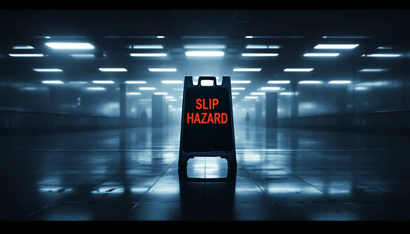 A wet floor sign indicating a slip hazard in a public space.