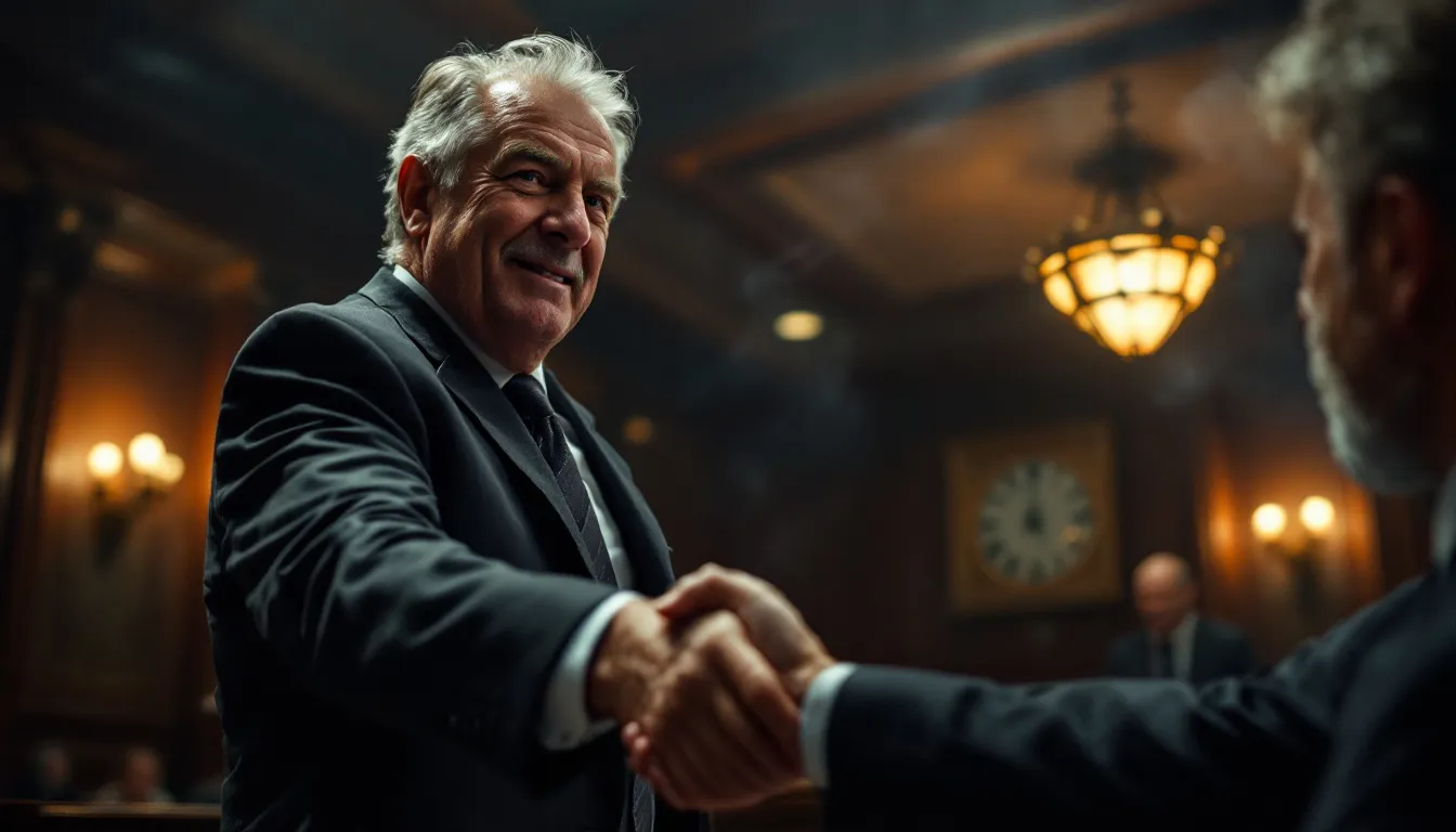 A satisfied client shaking hands with a personal injury attorney after a successful claim.