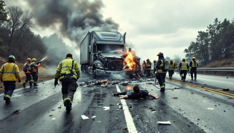 An image of an accident scene with emergency responders attending to a truck accident.