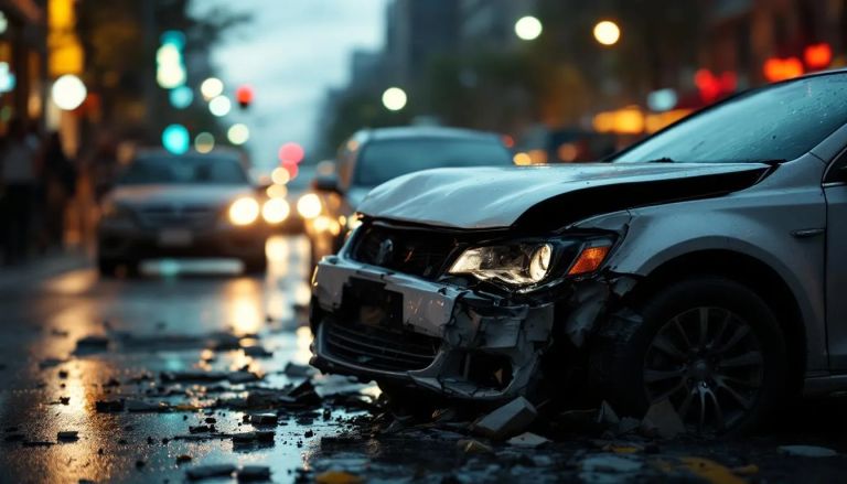 A blurred image of a car accident scene, illustrating a common cause of brain injuries.