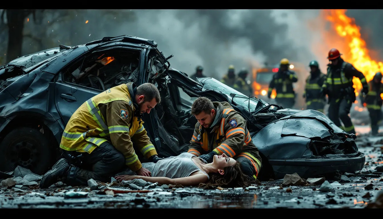 An accident scene showing emergency responders attending to injured individuals.
