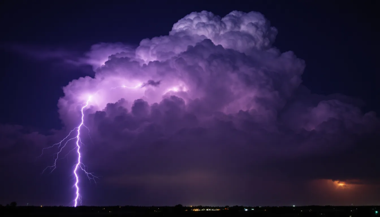A dramatic scene of lightning striking amidst a stormy sky, illustrating the fierce nature of severe weather events. The image captures the intensity of high wind speeds and the potential risks to structures, including wind turbines, which are designed to withstand extreme weather conditions.