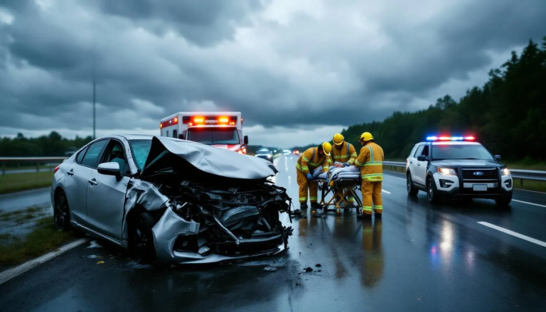 An accident scene showing a car crash with emergency services arriving.