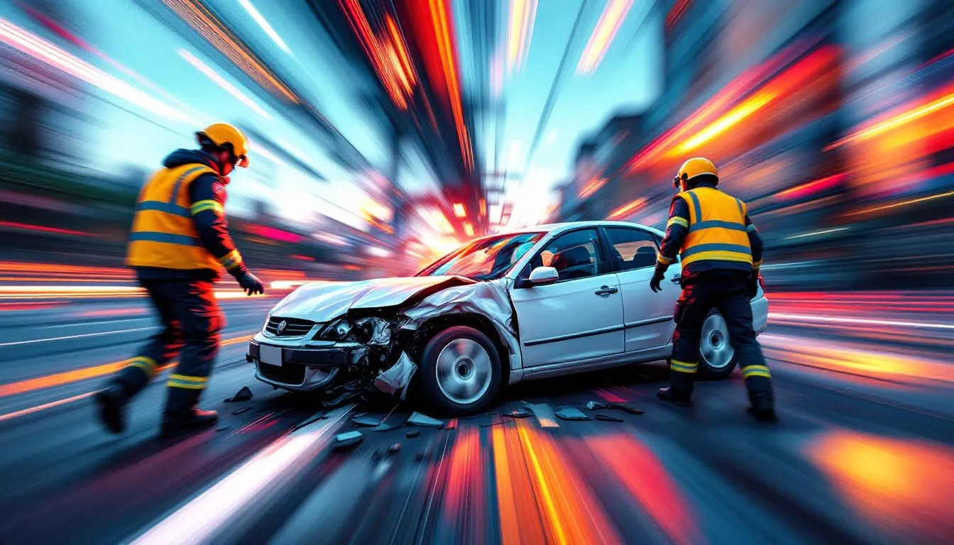 A blurred image of a car accident scene with emergency responders attending to the situation.