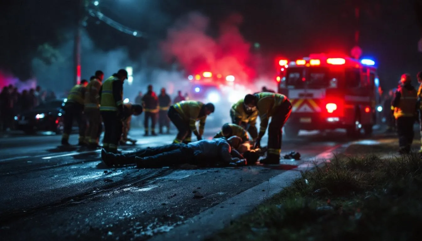 A blurred image of a car accident scene with emergency responders attending to victims.