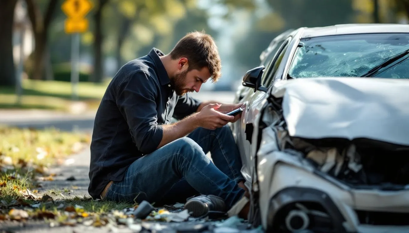 An image depicting a serious car crash caused by distracted driving, where a vehicle has collided with another after the driver was texting. The scene illustrates the aftermath of the accident, highlighting the damage to both cars and the need for car accident lawyers to assist victims in pursuing compensation for medical bills and lost wages.