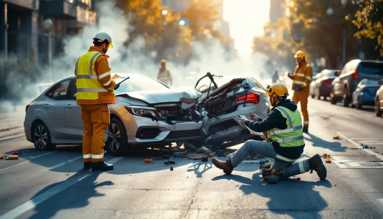 An accident scene showing vehicles involved in a car crash with emergency responders on site.