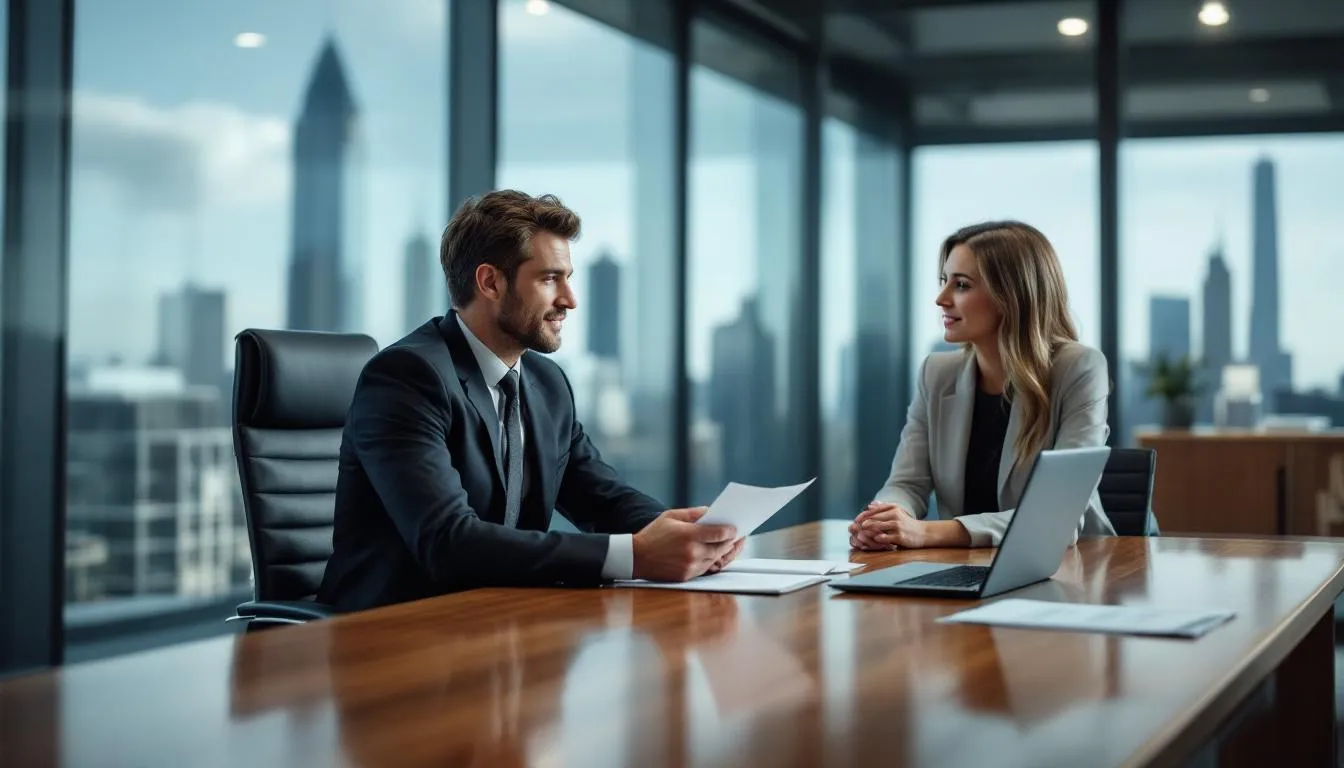 A law firm office environment where a car accident lawyer consults with a client about their case.