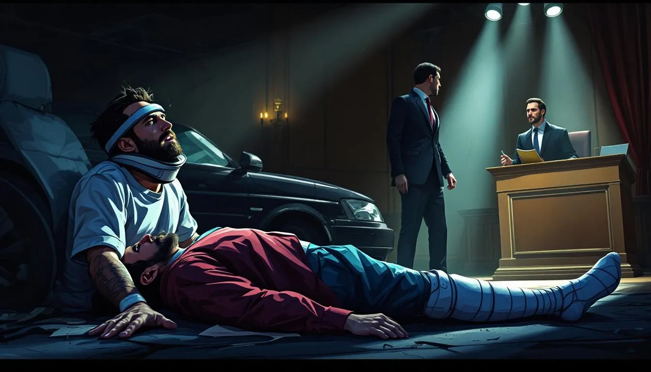 An illustration depicting common injuries from car accidents, including whiplash and fractures.