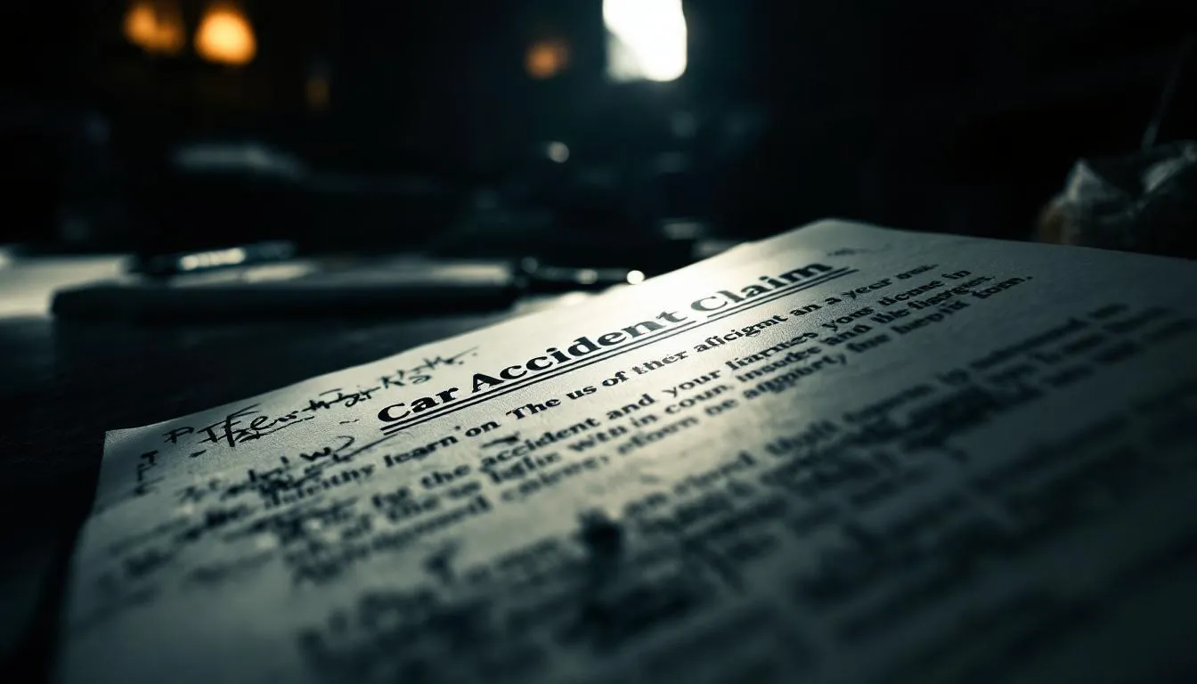 A close-up of a legal document related to a car accident claim.