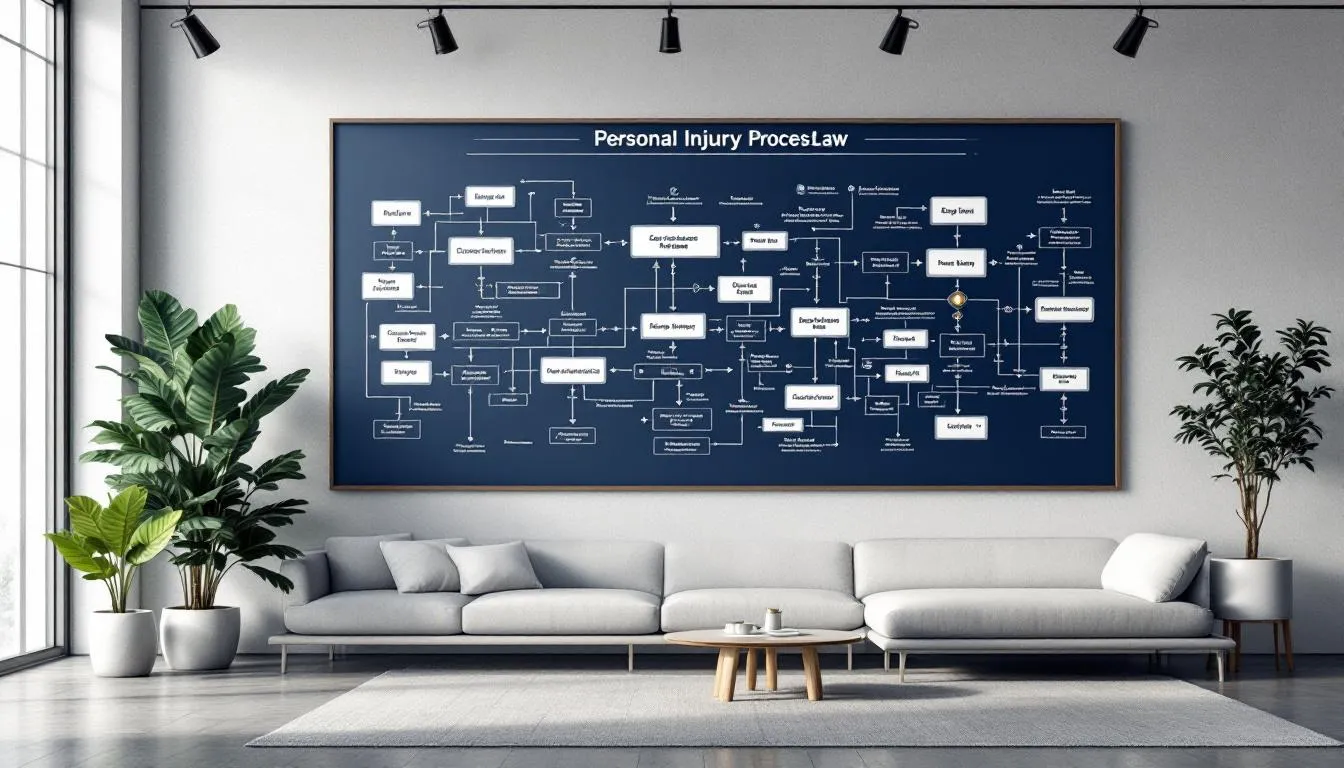 A legal process flowchart for car accident cases displayed on a wall in a law firm.