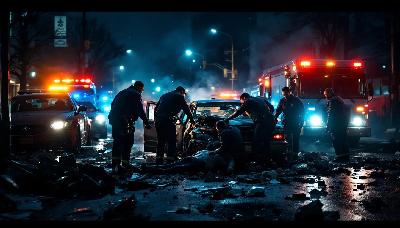 A car accident scene with emergency responders attending to victims.