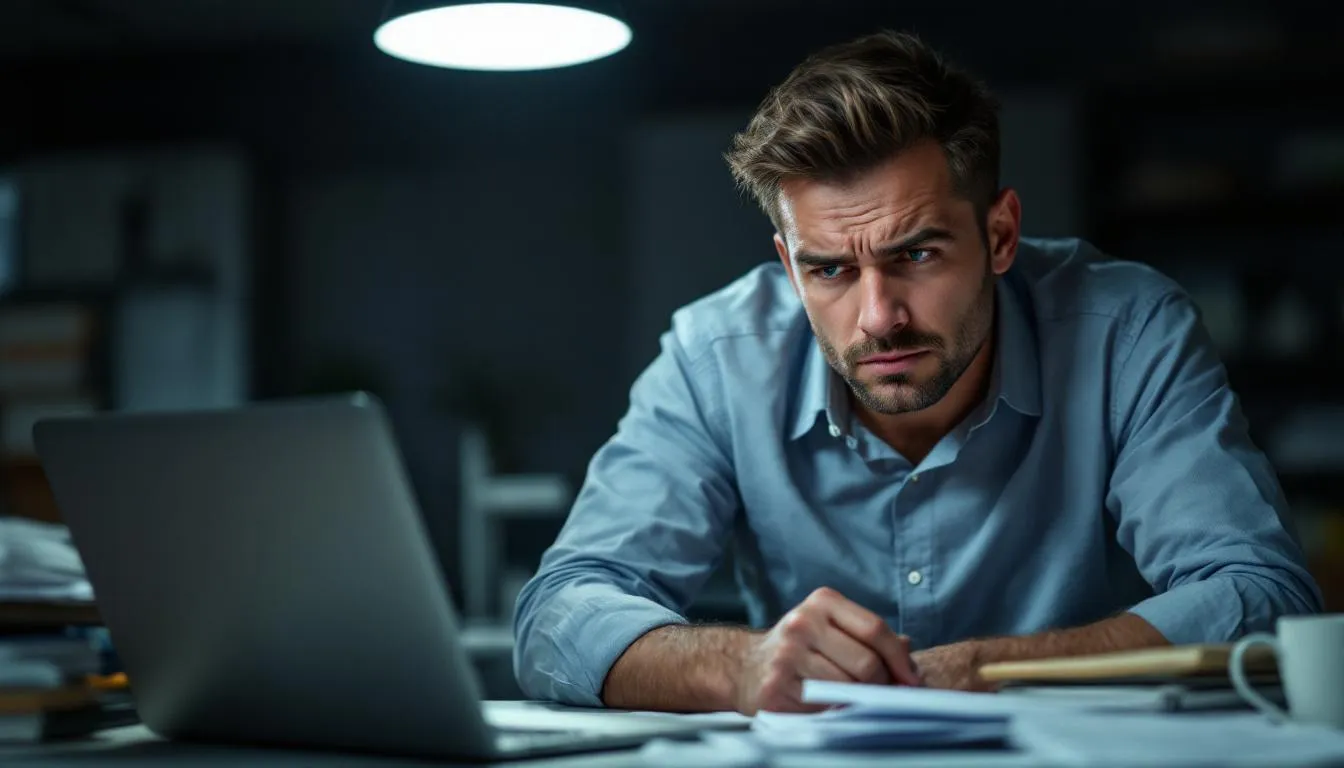 Understanding Workers Compensation: A Comprehensive Guide 4 A frustrated man is sitting at a desk, his hands on his head, possibly dealing with the stress of navigating workers compensation claims for a work-related injury. His expression reflects the challenges injured workers face when seeking support for medical expenses and lost wages.