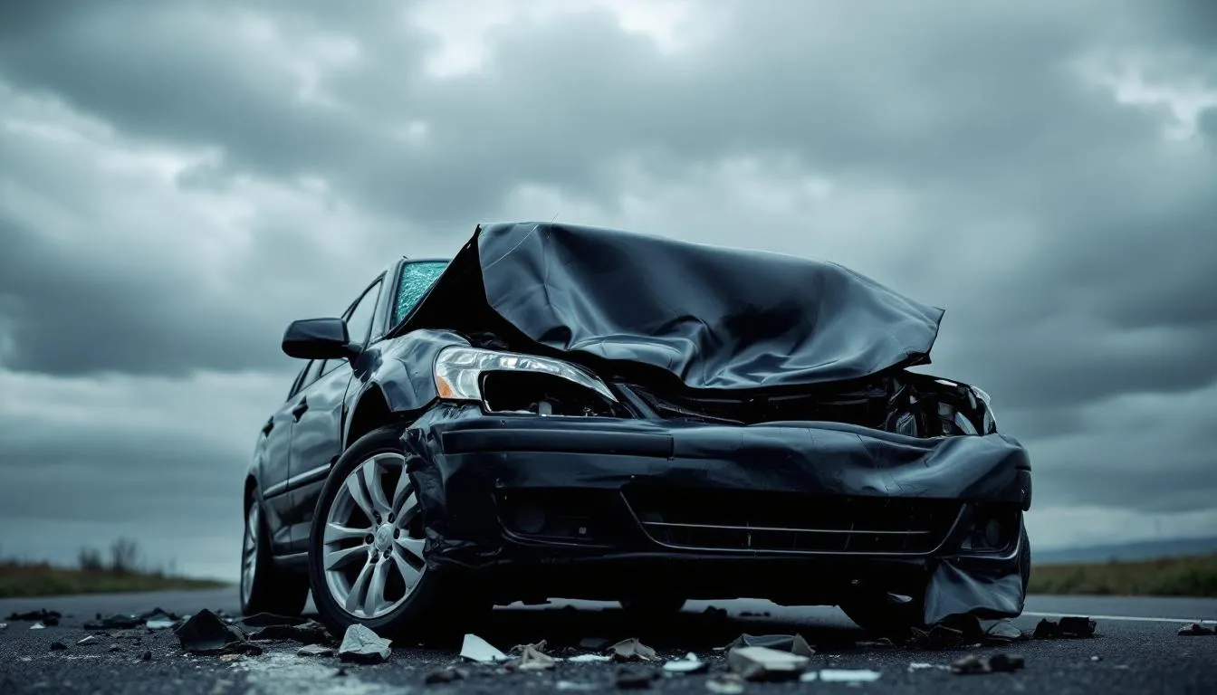 The image depicts the aftermath of a serious car accident, showcasing a damaged vehicle surrounded by debris and emergency responders assessing the scene. This situation often leads to car accident claims, where victims may seek compensation for medical bills and lost wages through experienced car accident attorneys.
