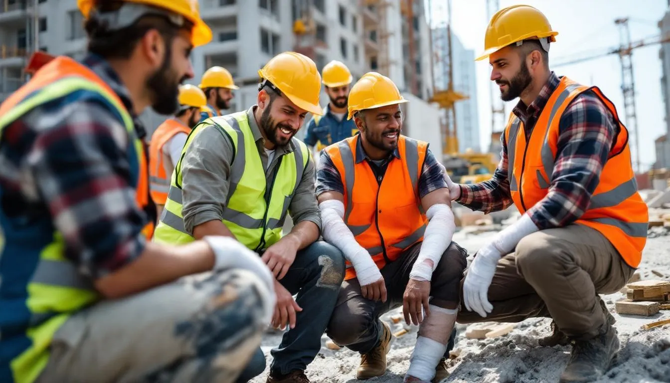 Understanding Workers Compensation: A Comprehensive Guide 1 In the image, a group of workers is depicted in a construction site, some of whom appear to be injured and receiving assistance, highlighting the importance of workers compensation insurance in addressing medical expenses and lost wages for work-related injuries. The scene emphasizes the need for employers to support their employees through workers compensation programs and claims.