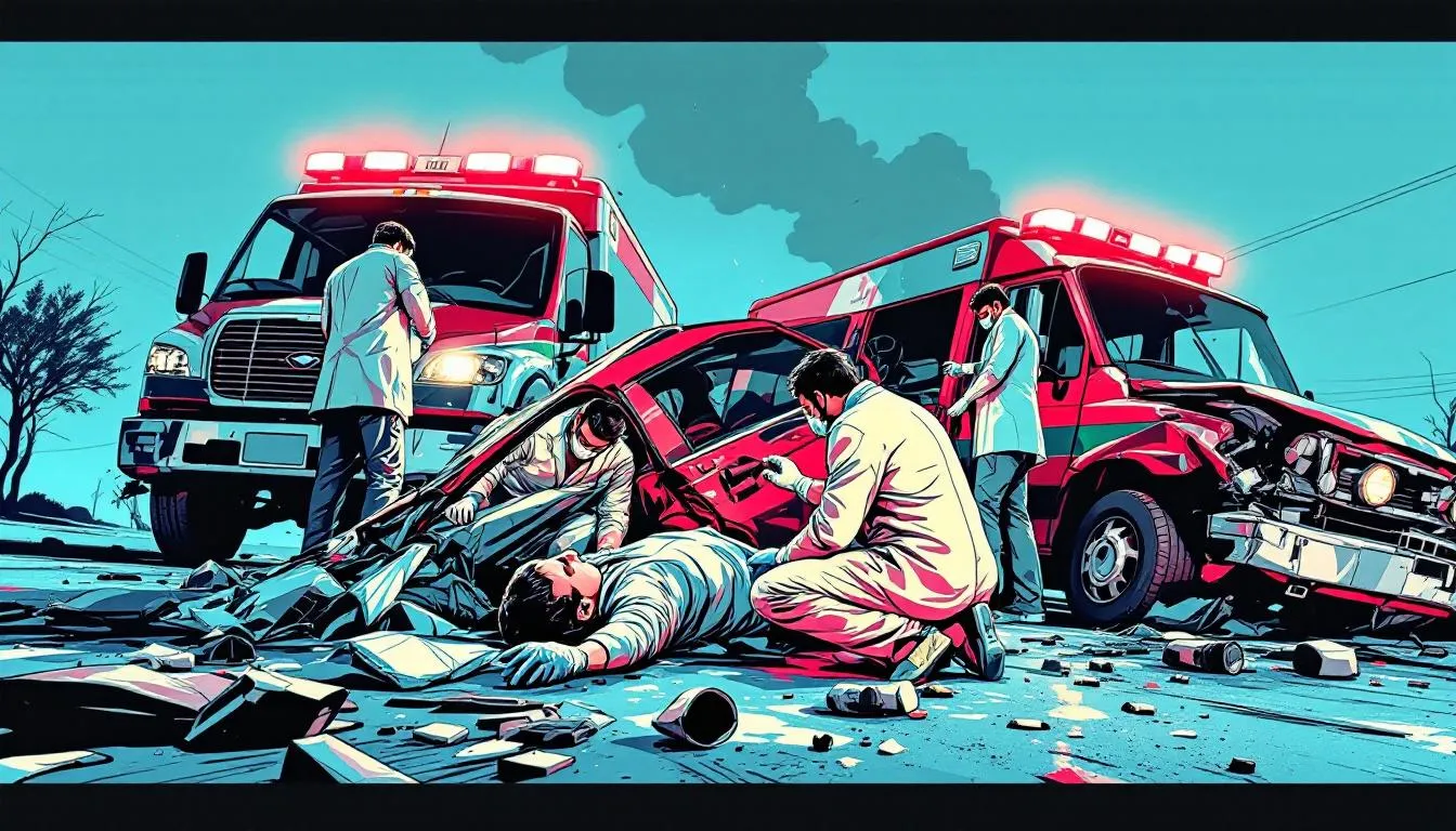 A conceptual image showing the aftermath of a car accident with medical professionals attending to an injured person.