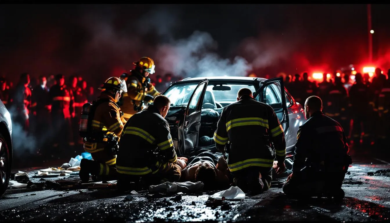 An accident scene with emergency responders attending to a car accident.
