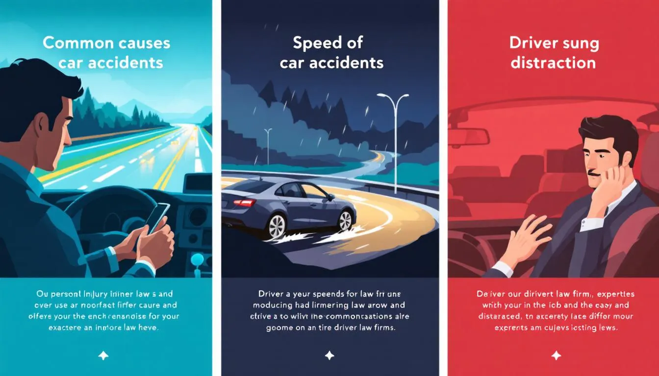 Various common causes of car accidents illustrated with images of distracted driving and speeding.