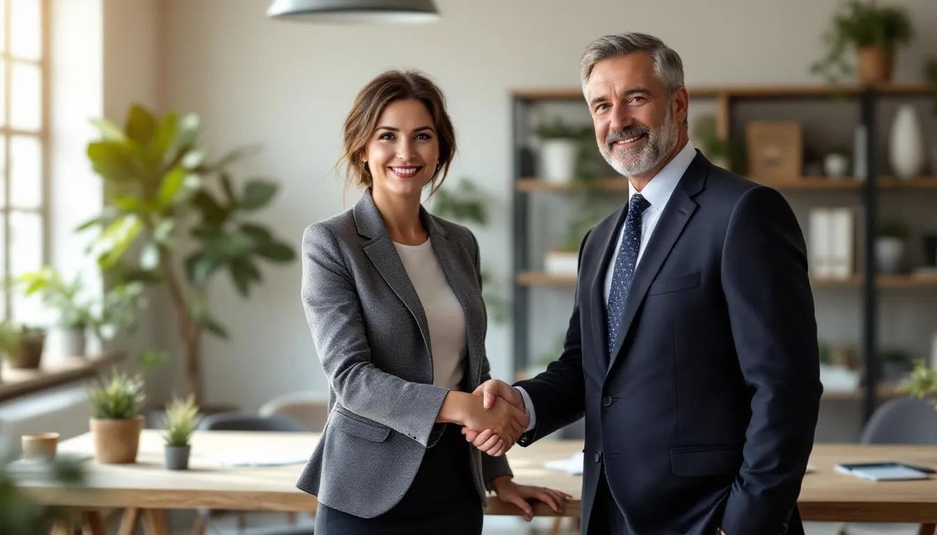 A lawyer and a client are engaged in a professional handshake inside an office, symbolizing the beginning of a partnership in pursuing a personal injury claim related to a car accident. The setting reflects a serious atmosphere, emphasizing the importance of legal representation in navigating the complexities of insurance claims and seeking fair compensation for car accident victims.