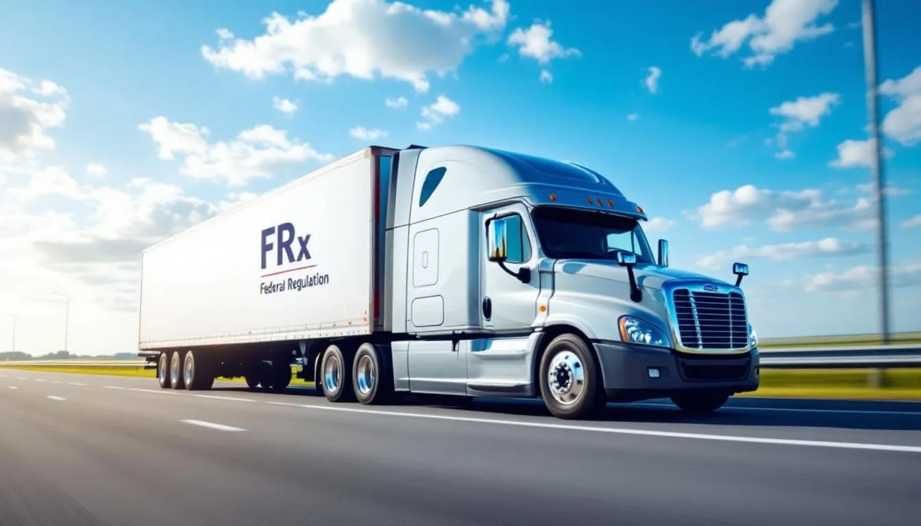 A truck on the road with a sign indicating federal regulations for trucking.