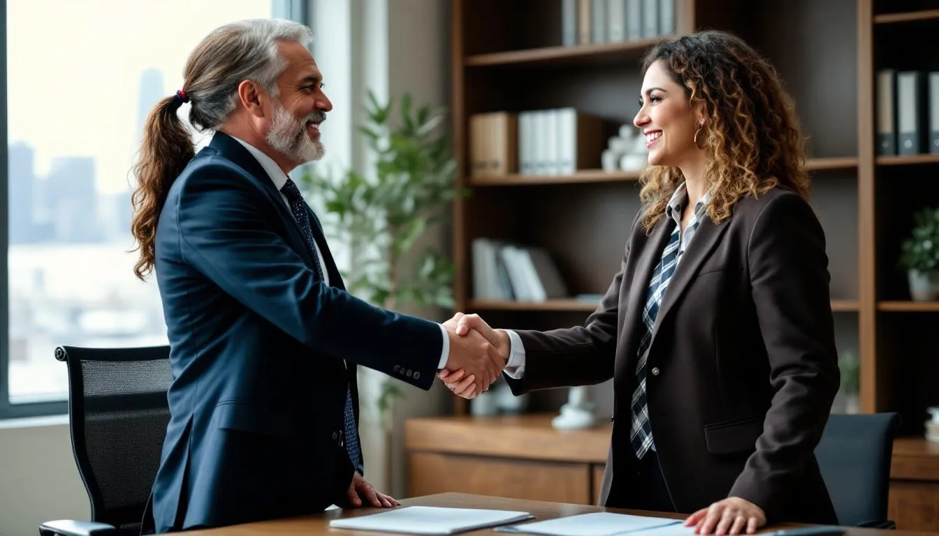 A lawyer and client are engaged in a firm handshake in a professional office setting, symbolizing their partnership in navigating insurance claims related to car accidents. This moment reflects the importance of legal representation in securing fair compensation for medical expenses and personal injury claims against insurance companies.