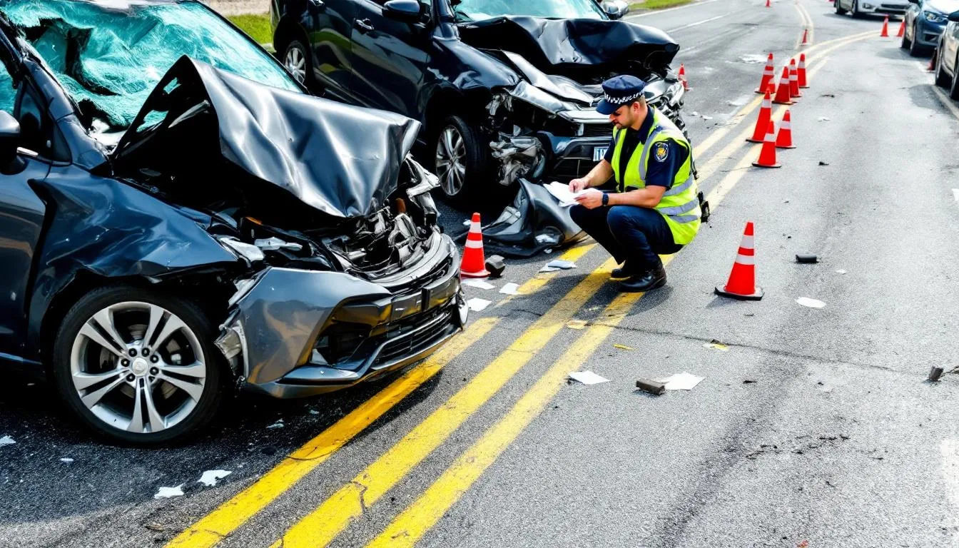 An accident scene investigation shows two damaged vehicles surrounded by evidence markers, indicating the aftermath of a car accident. This scene highlights the importance of gathering information for a car accident claim and the potential need for a car accident lawyer to assist victims in navigating the legal process.