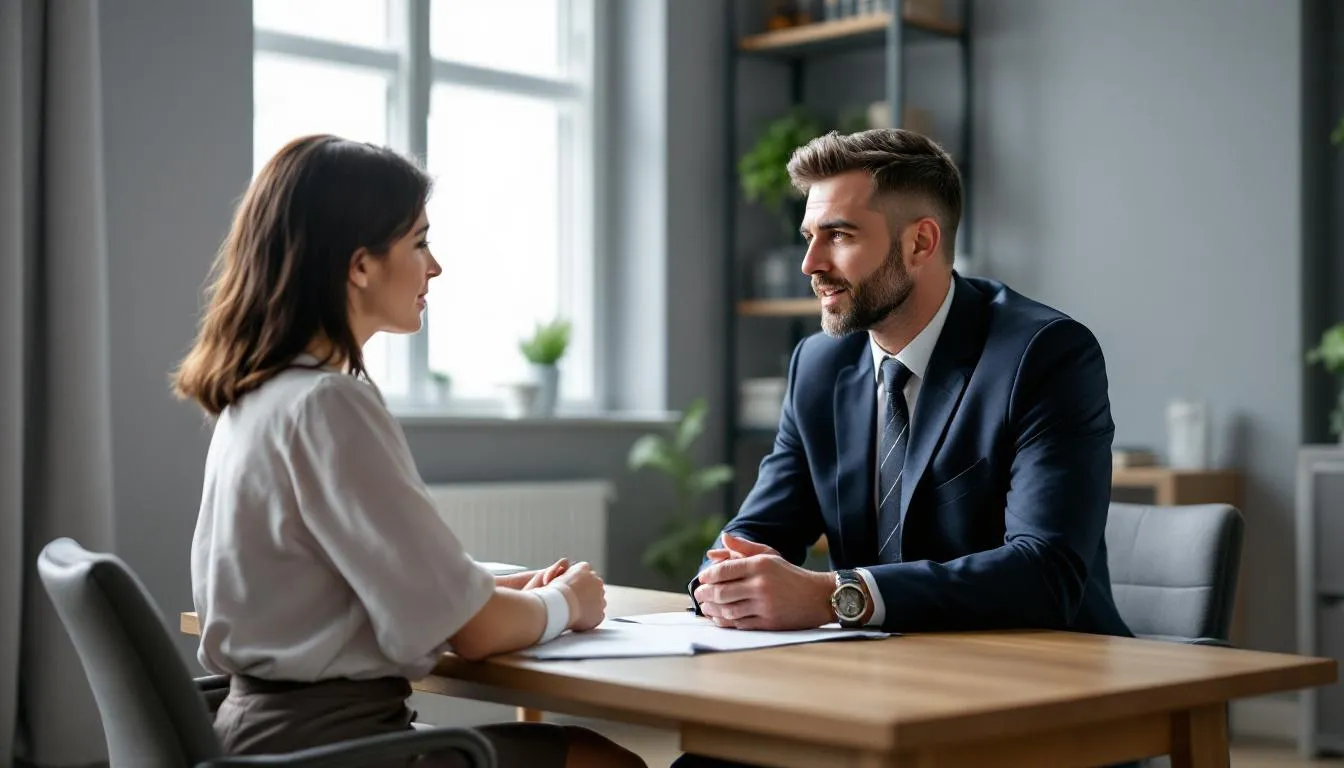 In a professional office setting, a lawyer is meeting with an injured client who is discussing their car accident claim. The lawyer is attentively listening to the client's concerns about medical expenses and the legal process for seeking fair compensation for their personal injury case.