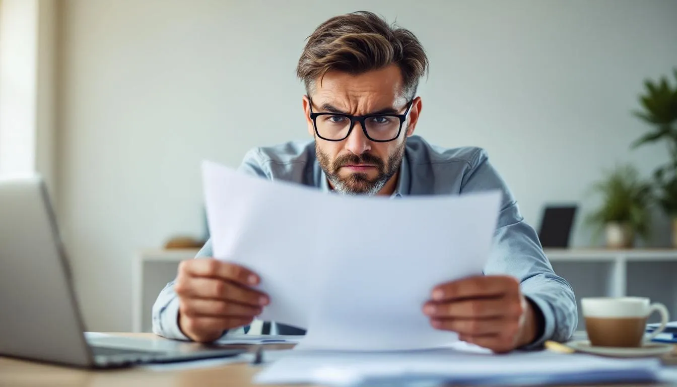 A person with a frustrated expression is sitting at a table, reviewing a stack of insurance documents, likely related to a car accident claim. The scene conveys the stress and complexity often involved in dealing with insurance companies and navigating personal injury claims.