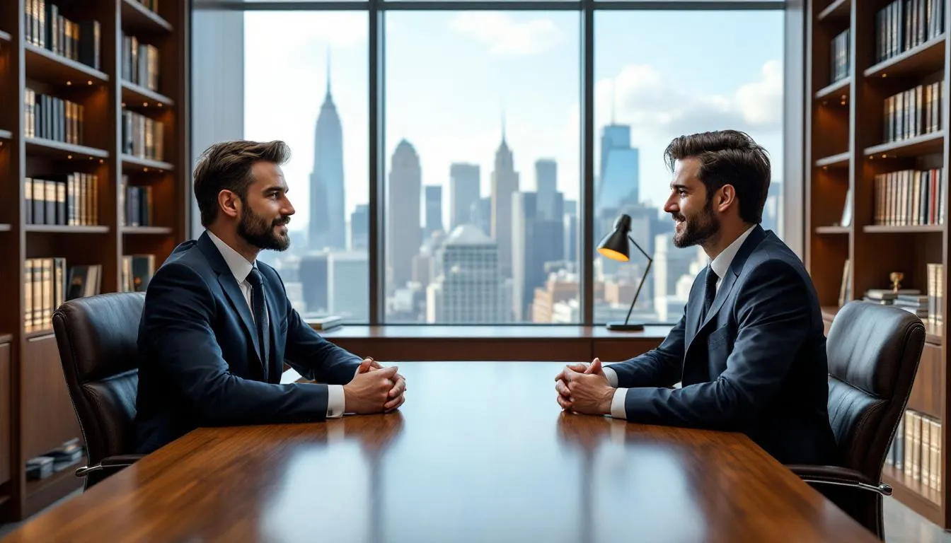 A lawyer is seated at a desk in a professional office, discussing details with a client regarding a car accident case. The setting conveys a sense of trust and professionalism, as they review insurance policies and legal options related to personal injury claims and car insurance coverage.