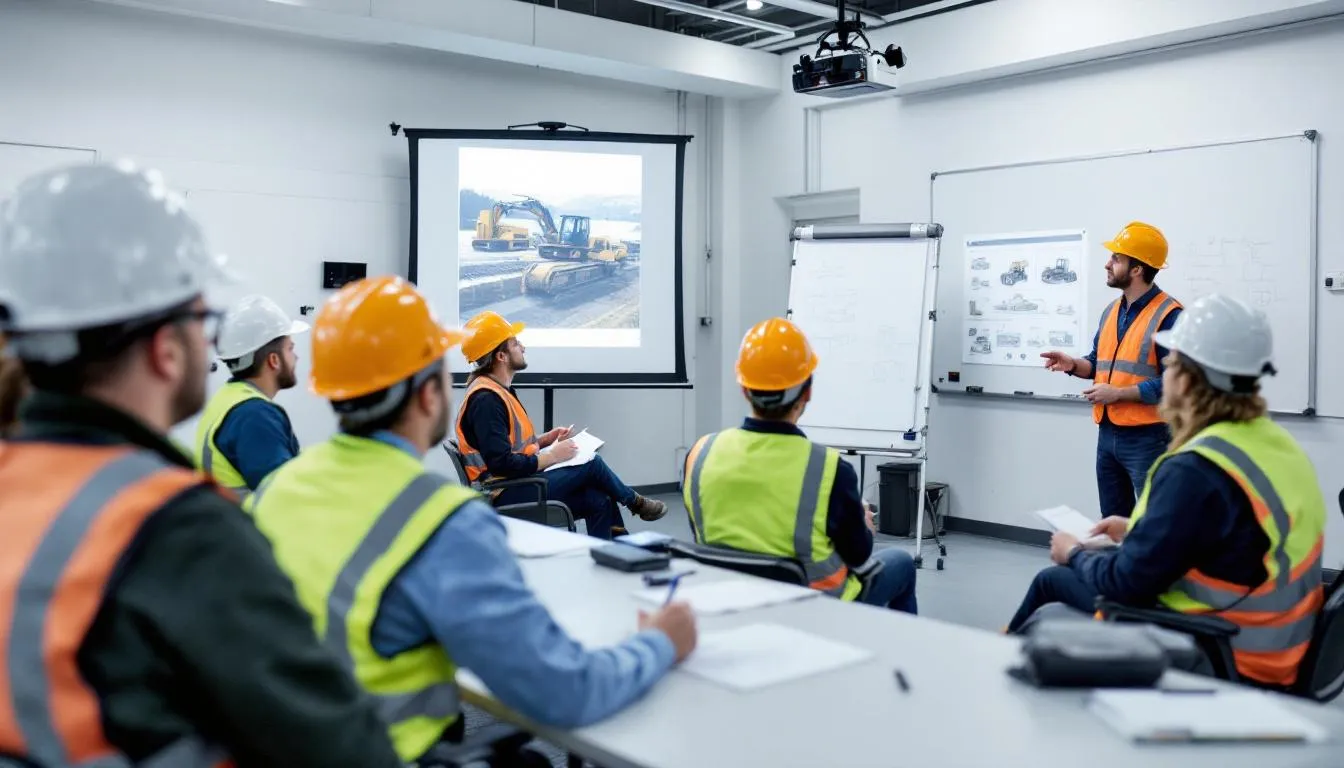 In the image, a group of workers is engaged in a safety training session, focusing on heavy machinery operation and the importance of adhering to strict safety protocols. They are equipped with personal protective equipment, emphasizing the need for proper training to prevent severe injuries and industrial accidents on construction sites.