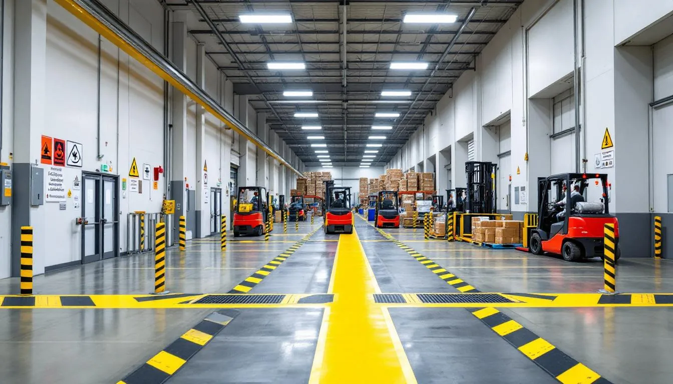In the warehouse scene, forklifts and various material handling equipment are prominently displayed, surrounded by clear safety markings and protocols to prevent industrial accidents. The emphasis on proper protective equipment highlights the importance of workplace safety in avoiding serious injuries and ensuring the well-being of skilled workers.
