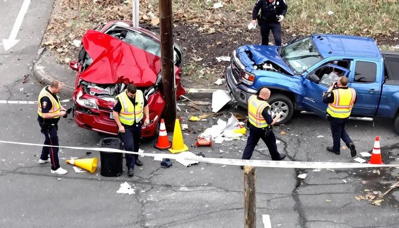 An accident scene depicts two damaged vehicles on the road, surrounded by emergency responders documenting evidence for a car accident claim. This scene highlights the aftermath of a motor vehicle accident, emphasizing the importance of seeking legal assistance from experienced car accident attorneys for personal injury cases and insurance claims.
