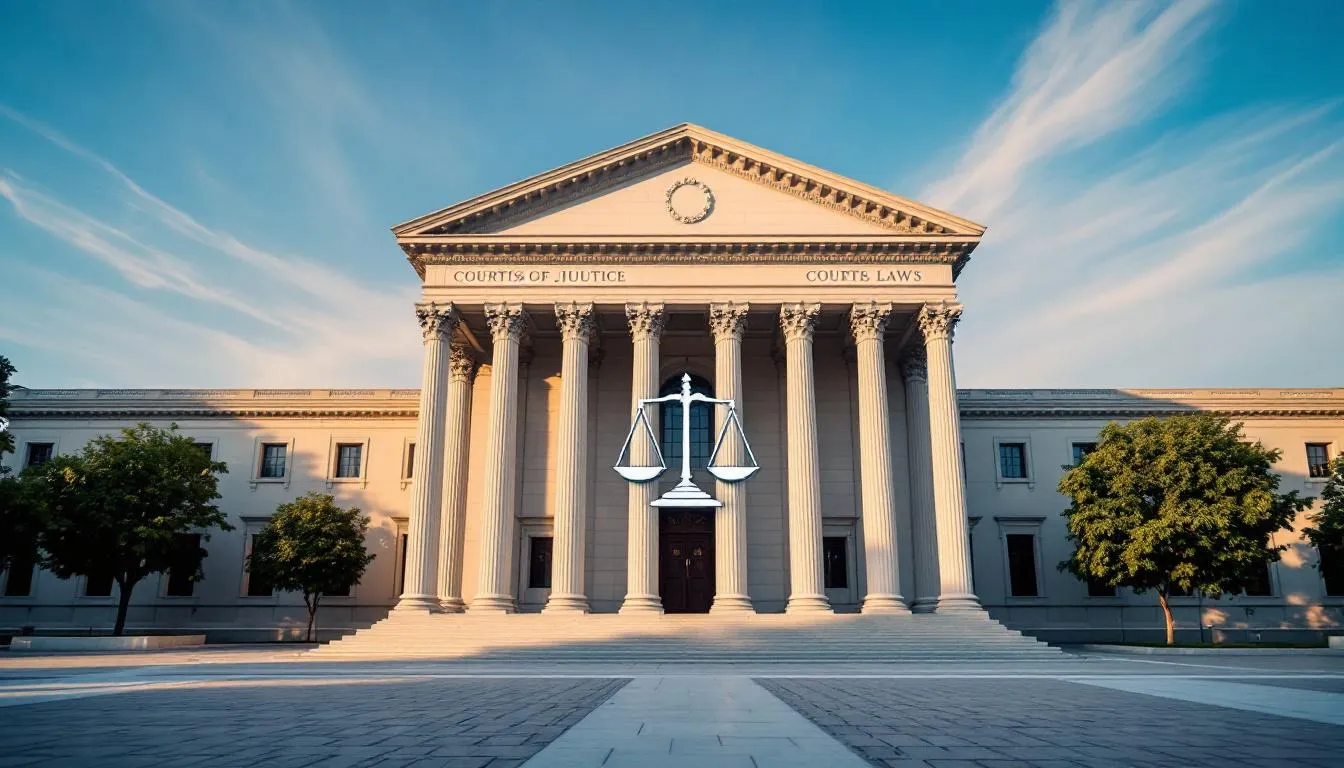 The image depicts a grand courthouse, featuring the iconic scales of justice, symbolizing the commitment of attorneys to legal advocacy and the pursuit of justice for victims of corporate wrongdoing. This setting represents a law firm dedicated to representing clients in matters of antitrust litigation and other significant legal practices across America.
