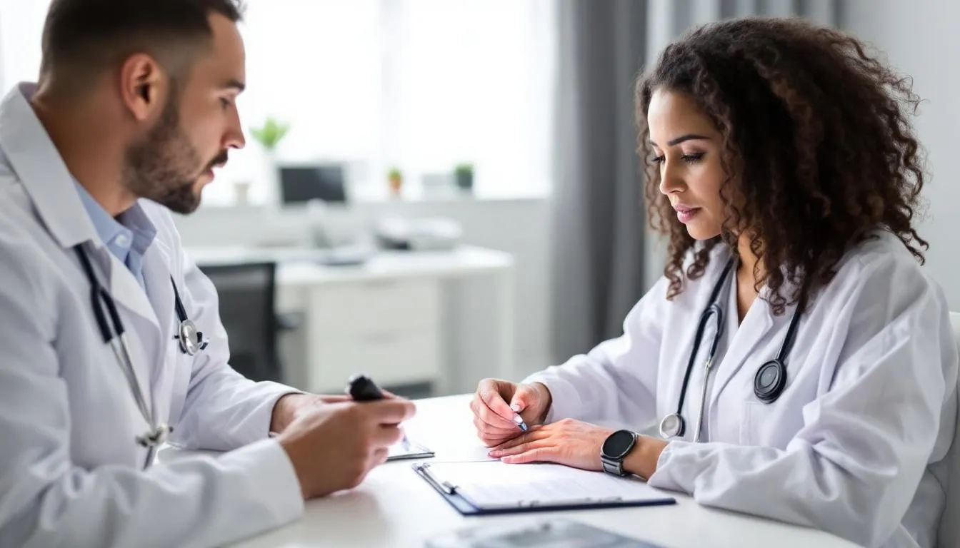 A medical professional is examining a patient's injury during a workers compensation evaluation, focusing on the affected area while discussing the patient's workplace injury. The scene highlights the importance of medical treatment in the process of filing a workers compensation claim for personal injury.