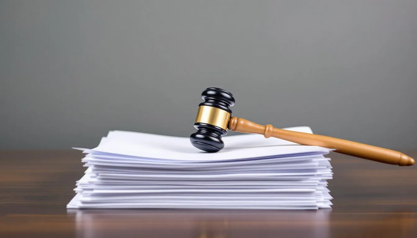 A stack of legal settlement documents is shown alongside a gavel, symbolizing the legal processes involved in forklift accident cases. These documents may pertain to workers' compensation claims for injured workers seeking financial compensation for forklift accident injuries.