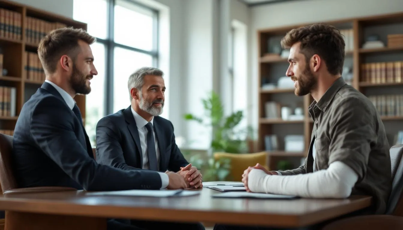 In a professional office setting, an attorney is engaged in a discussion with an injured worker, focusing on their workers compensation claim and the benefits available under Texas workers compensation laws. The atmosphere conveys a sense of support and legal guidance for navigating the complexities of workplace injury compensation.