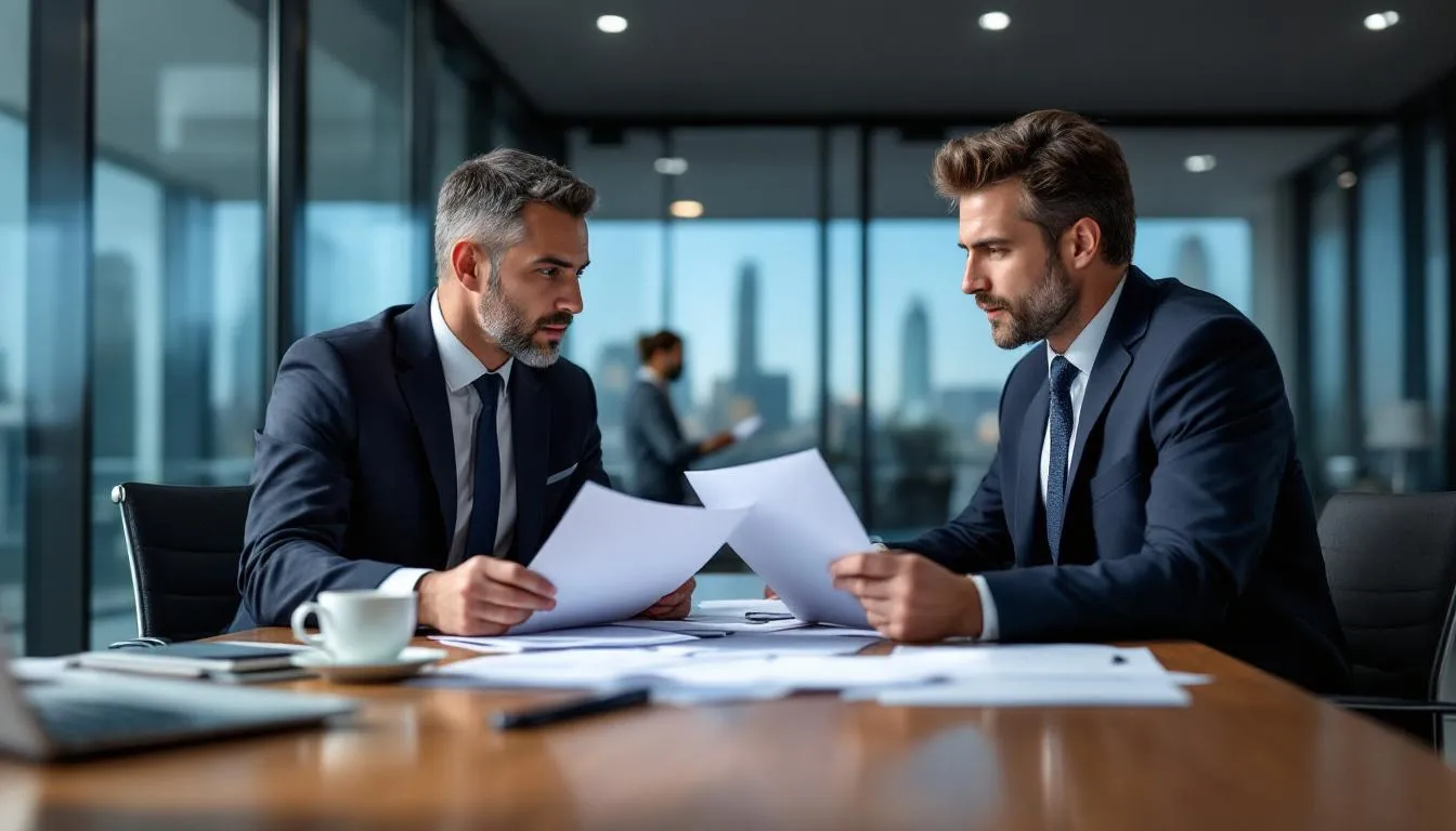 In a professional setting, an attorney and a client are engaged in a discussion while reviewing legal documents related to a personal injury lawsuit. The atmosphere reflects a serious examination of the circumstances surrounding workplace injuries and the potential for pursuing workers compensation benefits.
