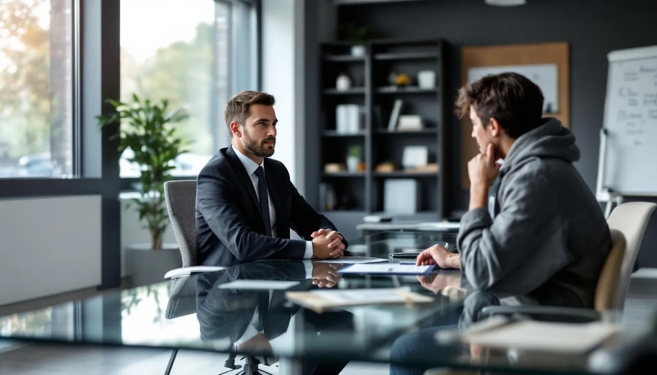 In a modern office setting, a professional Forklift Accident Lawyer is consulting with an injured worker about their forklift accident case. The discussion likely involves workers' compensation benefits and the legal rights of forklift accident victims.