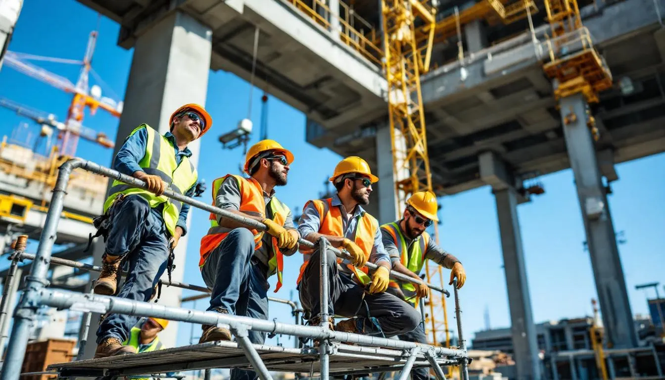 Can I Sue Maverick Wind Energy, If I Was Hurt During a Wind Farm Accident? 2 In the image, a group of construction workers wearing safety helmets and vests are actively working at an industrial site, with various tools and machinery visible around them. The scene highlights the importance of safety equipment in preventing accidents that could lead to claims with an insurance company if an incident happened that affected any of the workers.