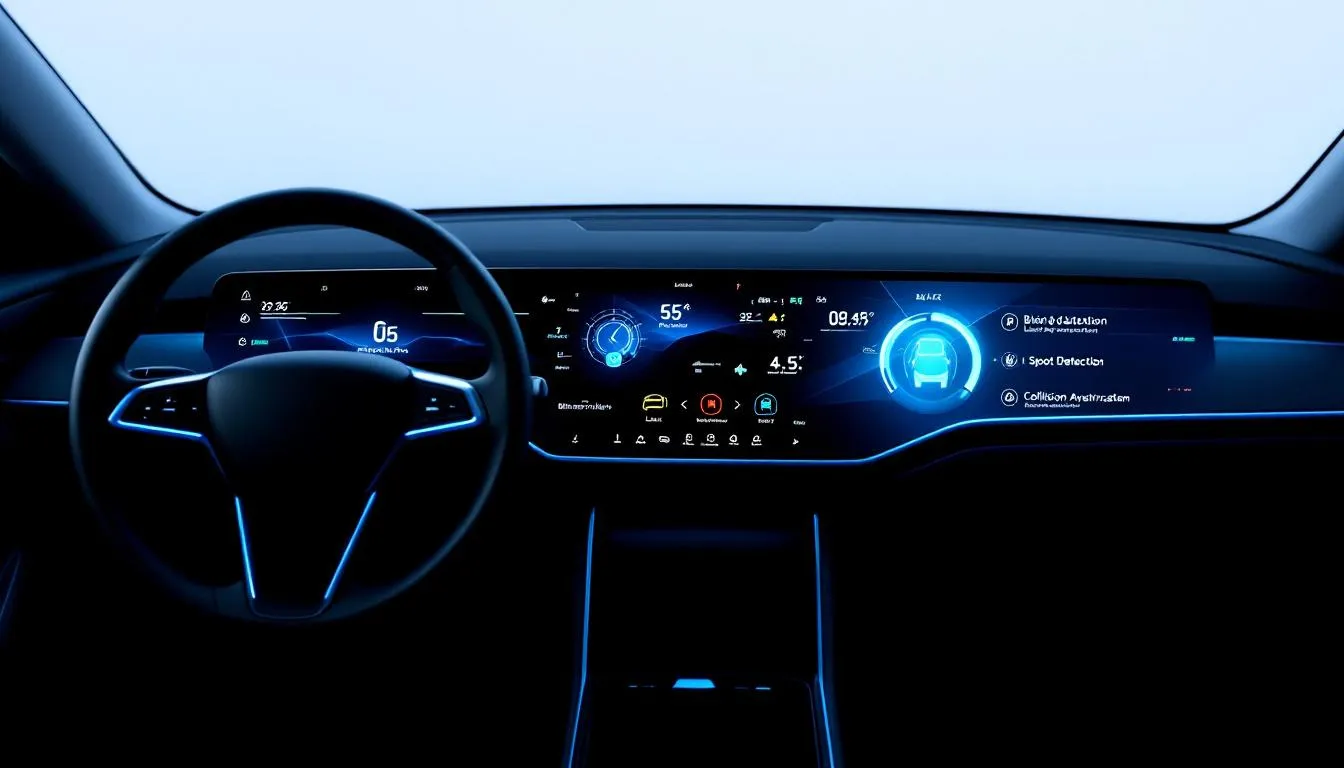 The image shows a modern car dashboard equipped with advanced safety technology displays, featuring various indicators and screens that provide preliminary information about the vehicle's status and safety features. This high-tech dashboard is designed to enhance driver awareness and prevent collisions on highways and interstates.