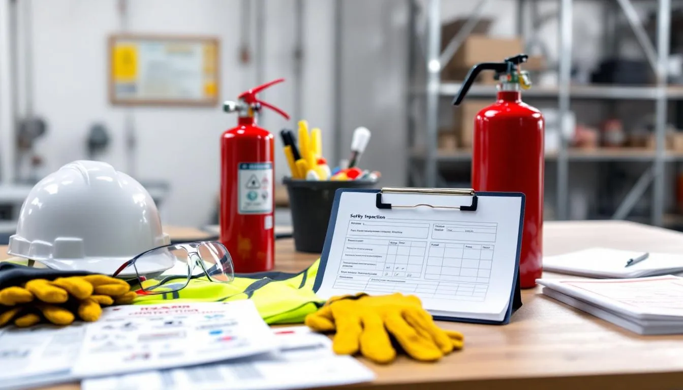 In the image, various workplace safety equipment, such as helmets and gloves, are neatly arranged on a desk alongside important documentation related to workers' compensation claims and personal injury lawsuits. This setup emphasizes the significance of safety measures and legal resources available for injured workers in the event of workplace accidents.
