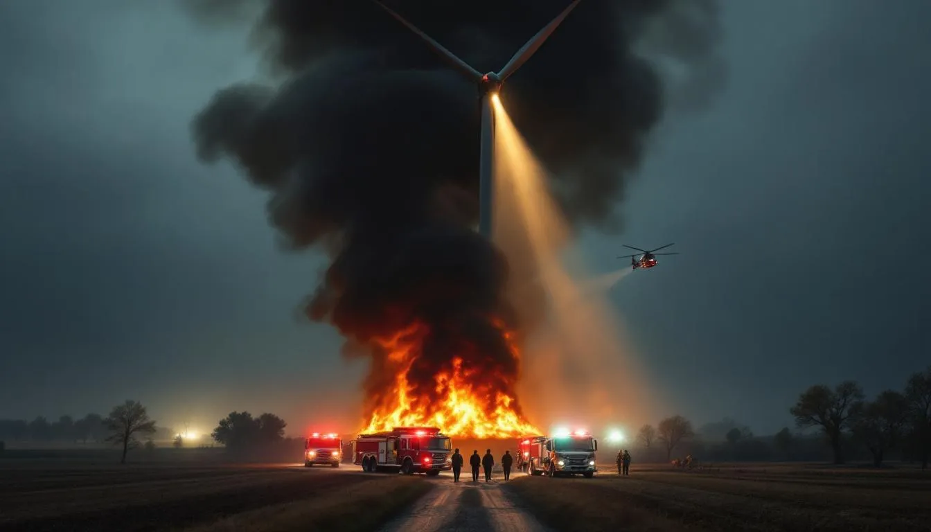 Emergency response vehicles and helicopters are actively responding to a wind turbine fire at the Buffalo Gap wind farm in rural Texas. The blaze has prompted a swift reaction from the fire department to manage the fire incidents and protect the surrounding grass and facilities.