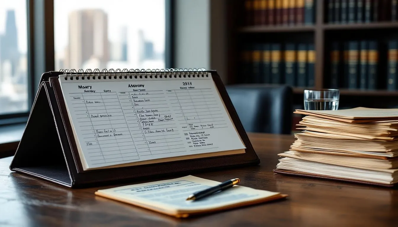 The image shows a neatly organized attorney's desk featuring a calendar and various legal documents, likely related to cases involving forklift accidents and workers' compensation claims. The scene suggests a focus on providing legal representation for injured workers and accident victims.