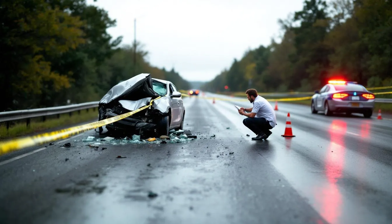Lawyers for Accident Claims: Your Guide to Legal Representation After an Injury 2 An accident scene is depicted with damaged vehicles and investigation markers scattered across the road, indicating a recent car crash. This image highlights the aftermath of a car accident, which may involve car accident claims and the need for experienced car accident attorneys to assist victims with their personal injury cases.
