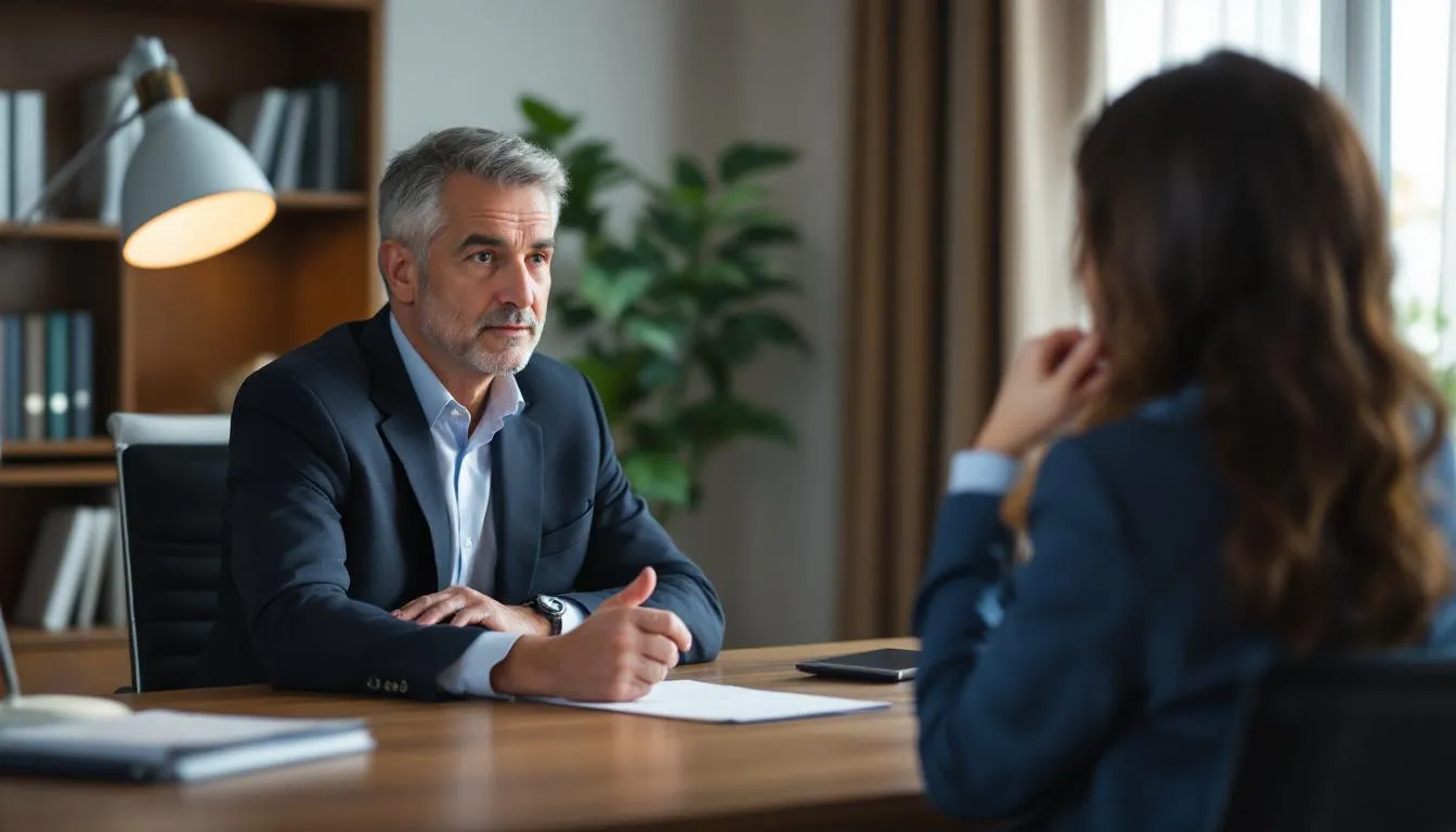 In a legal consultation meeting, an experienced attorney is seated across from a client, discussing the details of a truck accident case. The attorney is explaining the right steps to take regarding potential injuries, lost wages, and the investigation into the trucking companies involved.